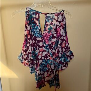 Monteau Plum Floral Cold-Shoulder Blouse with Teal & Pink Accents